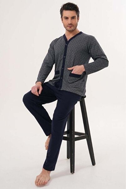 Generic Brand 3133 Navy Blue Large Size Buttoned Men's Pajama Set