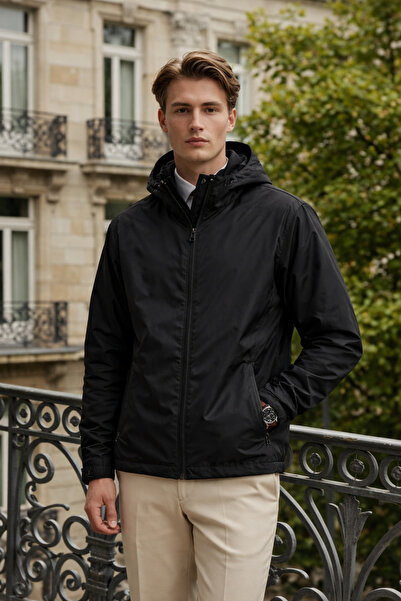 DAMGA JEANS Men's Daily Premium Casual Lined Black Raincoat