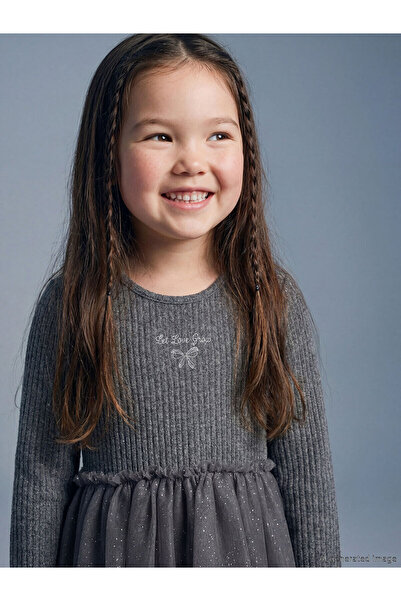 LC Waikiki LCW Kids Anthracite Crew Neck Με κέντημα Φόρεμα Tutu για κορίτσια