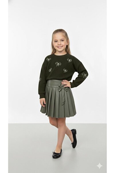 ARBİ kids Момичешки топ с панделки и плисирана кожена пола - празнична рокля