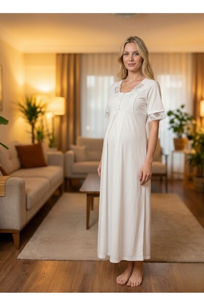 BLACKMORE Women's Ecru Maternity Nightgown with Special Lace on Sleeves and C...