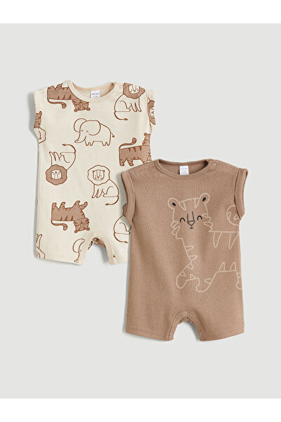 LC Waikiki M&B Collection Brown Crew Neck Patterned Baby Boy Rompers 2-Piece Set