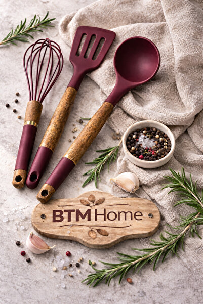 btm home 3-Piece Silicone Kitchen Set with Wooden Handle, Spatula, Ladle, Whi...