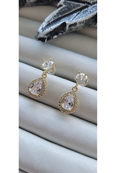YİĞİTKARANAKSESUAR Vip Drop Form Model Stone Detail Gold Earrings