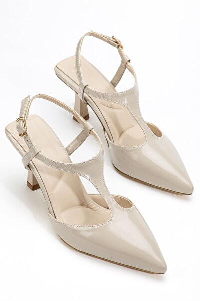 Saadet Kaya Butik Women's Beige Patent Leather Pointed Toe Thin Heeled Shoes