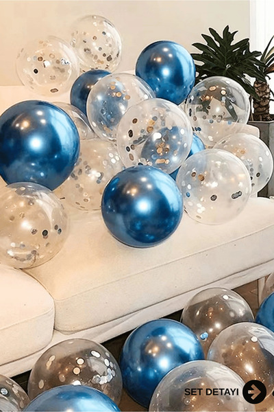 Bunloon 30 Adet Krom Mavi ve Gümüş Konfetili Şeffaf Balon Seti
