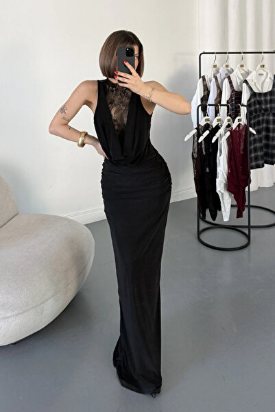 MOZENA Deep V-Neck Lace Detail Long Dress