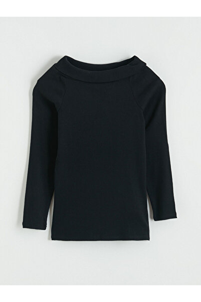 LC Waikiki Black Boat Neck Long Sleeve Girls' T-Shirt