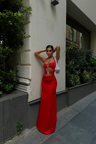 Afitapbutikmoda Askılı Kelebek Aksesuar Detay Pencere Dekolteli Uzun Gece Elb...