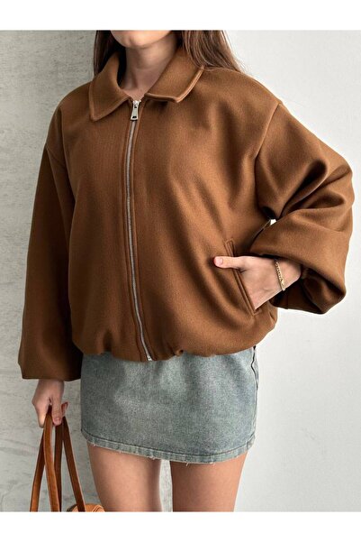 Bossago Women's Black Zippered Wide Sleeve Bomber Cashmere Jacket