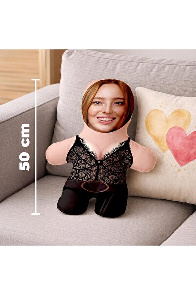 Kişiye Özel Fotoğraflı Siyah Büstiyerli Peluş Oyuncak - 50cm