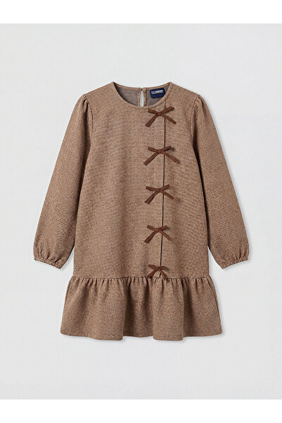 LC Waikiki LCW Kids Καφέ Φόρεμα με Λαιμόκοψη Ποδηλάτου Καρό Λεπτομέρεια με φι...