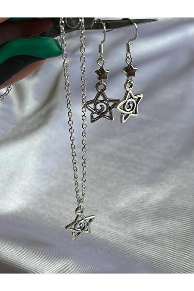 WhimsyWhite مجموعة قلادة وأقراط من الفولاذ المصنوع يدويًا على شكل نجمة حلزوني...