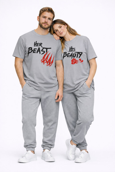 NEVERMIND Lover's Combination Her Beast His Beauty Oversize Couple T-Shirt Un...