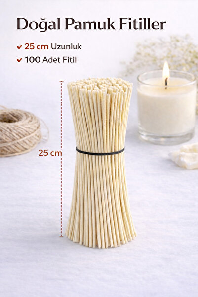 Lumiarte 25 cm Sert Mumlanmış Hazır %100 Pamuk Mum Fitili 100 Adet