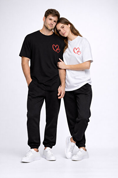 NEVERMIND Lover's Combination Heart Printed Oversize Couple T-Shirt Unisex Ma...