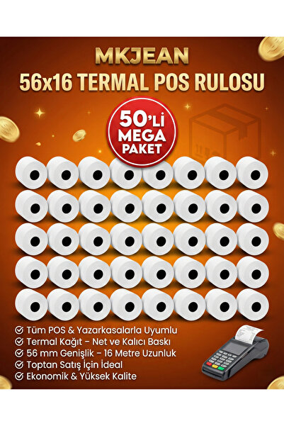 MKJEAN Pos 56x16 Termal Pos Kağıdı Rulosu 60 li Rulo - Tüm Pos Cihazlara Uyumlu