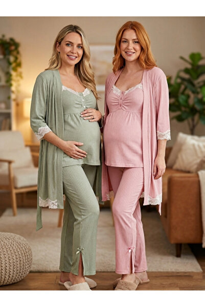 BLACKMORE Green Ribana Special Design Lace Detailed Strappy Maternity Dressin...