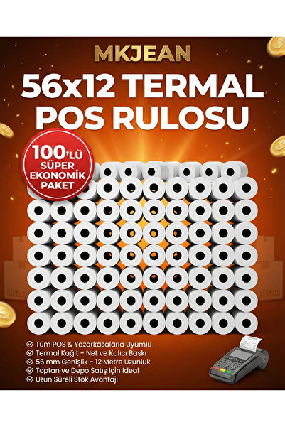 MKJEAN Pos 56x12 Termal Pos Kağıdı Rulosu 100 lu Rulo - Tüm Pos Cihazlara Uyumlu