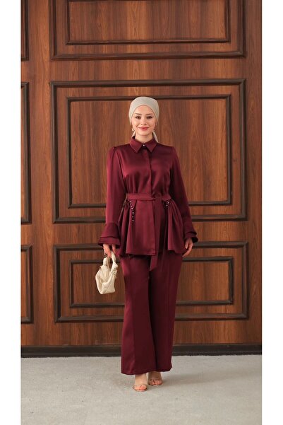 TAŞ DETAYLI SATEN ALT-ÜST TAKIM -BORDO