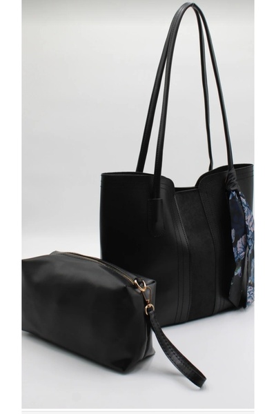 themoiss حقيبة يد نسائية سوداء كبيرة الحجم من Moiss مزينة بتفاصيل وشاح وتفاصي...