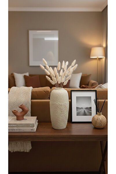 Melse Home's Braga Seramik Dokulu Uzun Vazo,Bej,Krem,Bohem