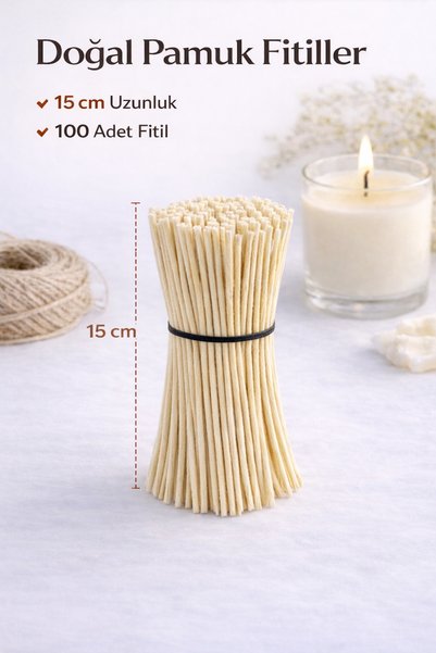 Lumiarte 15 cm Sert Mumlanmış Hazır %100 Pamuk Mum Fitili 100 Adet
