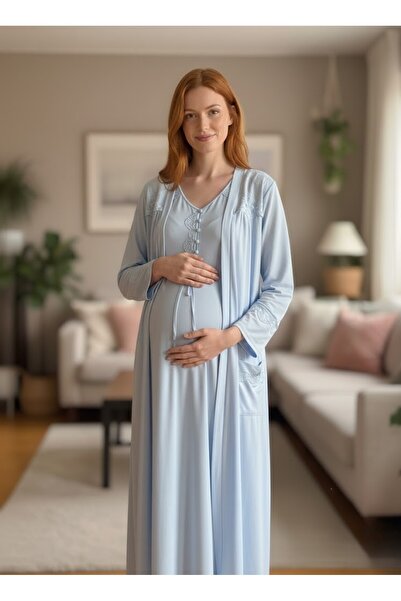 BLACKMORE Blue Special Lace Detailed Design Cotton Short Sleeve Summer Matern...