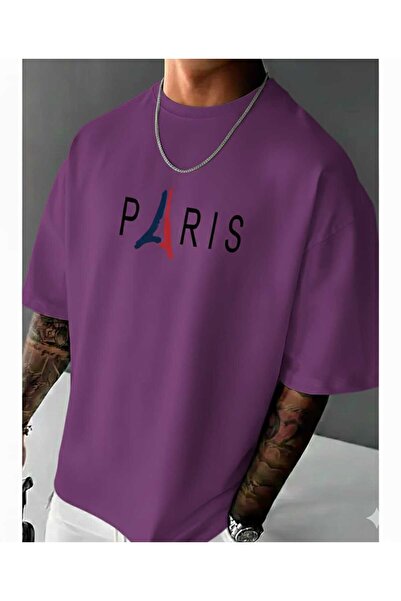 New Shine تي شيرت بنفسجي مطبوع عليه باريس للجنسين