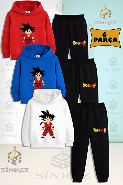 SİNREZ Set de trening cu glugă pentru copii, unisex, GOKU DUZ AYAKTA DURAN, 3...