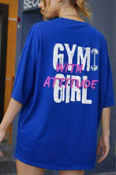 New Shine GYM Girl Принтирана саксофонно синя унисекс тениска