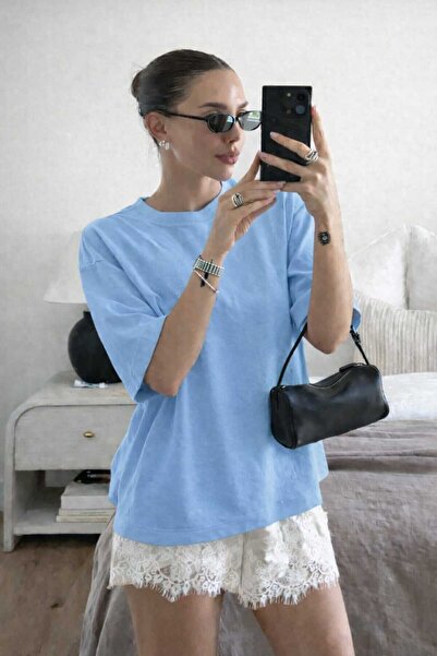 New Shine تي شيرت بلون واحد باللون الأزرق الفاتح للجنسين