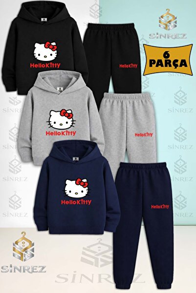 SİNREZ Set de trening cu glugă pentru copii, unisex, HELLO KITTY RED WRITTEN,...