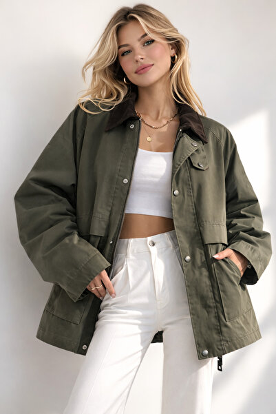 REGOS Haki Regular Fit Kadife Yaka ve Çıtçıt Detaylı Unisex Mevsimlik Mont&Ceket