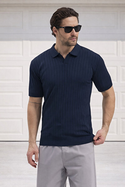 Delpino Polo Collar Striped Knitwear Men's Cotton T-Shirt