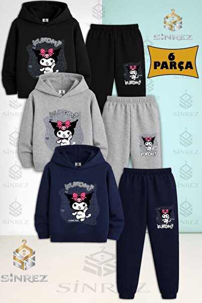 SİNREZ Children's Unisex Kuromi Background I Love You 3-Piece Hooded Tracksui...