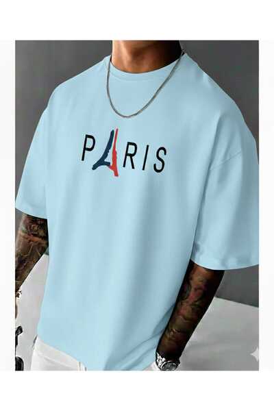 New Shine تي شيرت للجنسين باللون الأزرق الفاتح مطبوع عليه باريس