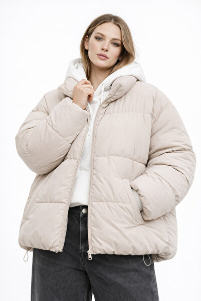 EA LİNE Beige Oversize Parachute Fabric Water and Wind Resistant Winter Coat