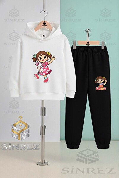 SİNREZ Children's Unisex Girls' Toy on the Arm Printed Hooded Tracksuit Set
