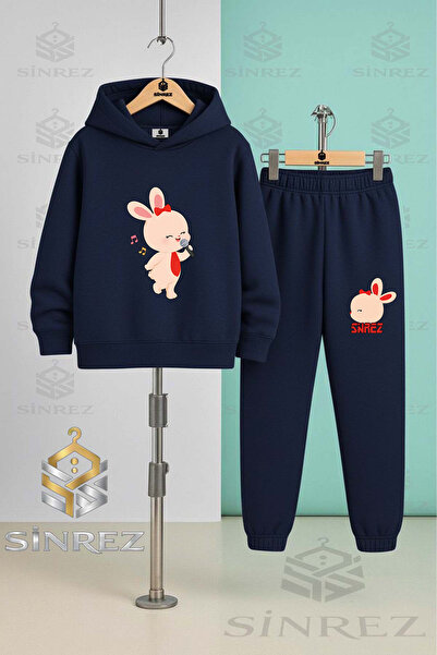 SİNREZ Children's Unisex Tavsan Printed Hooded Tracksuit Set with Microphone