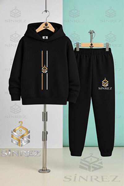 SİNREZ Children's Unisex Logo Two-Line Printed Hooded Tracksuit Set