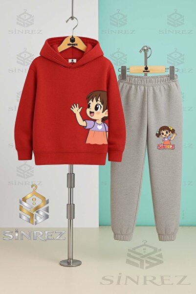 SİNREZ Children's Unisex Girls' Left Side Printed Hooded Tracksuit Set