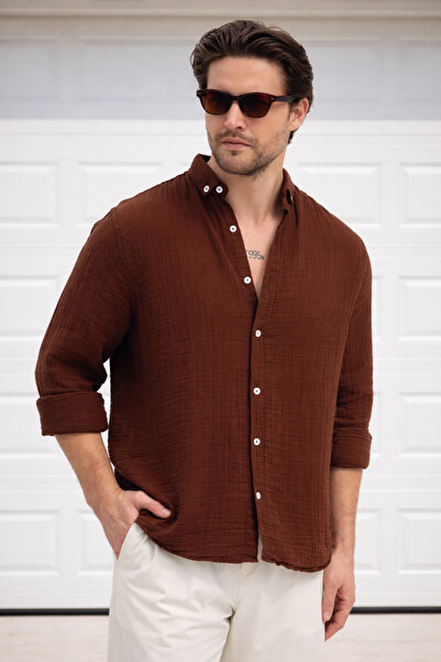 Delpino قميص صيفي طويل الأكمام من الكتان والموسلين