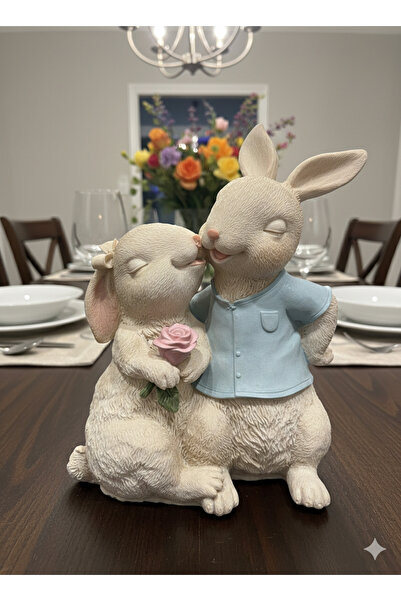 İki Cadı Tasarım Öpüşen Tavşan Çift Dekoratif Heykel Polyester Obje - 27 X 20 CM