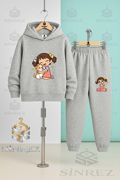 SİNREZ Children's Unisexsinrez Girl Hugging Dog Printed Hooded Tracksuit Set