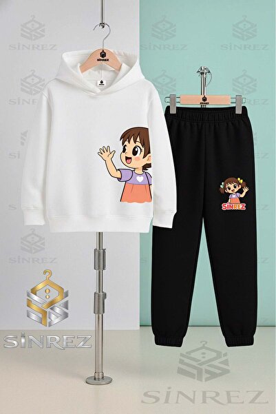 SİNREZ Children's Unisex Girls' Left Side Printed Hooded Tracksuit Set