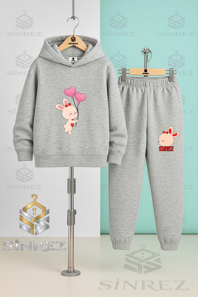 SİNREZ Children's Unisex Tavsan Heart Balloon Onde Printed Hooded Tracksuit Set