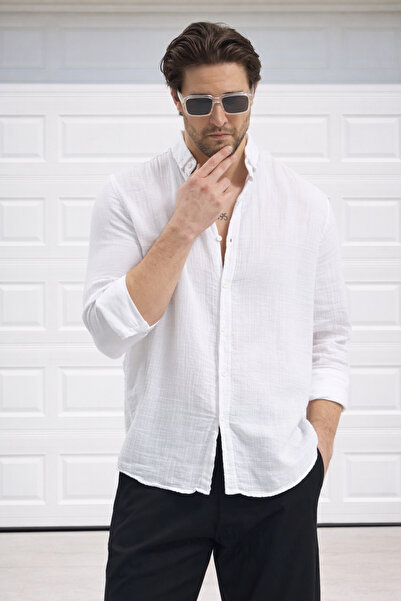 Delpino قميص صيفي طويل الأكمام من الكتان والموسلين