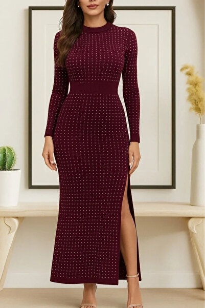 USLUCAN ALIŞVERİŞ Women's Long Sleeve Crew Neck Rhinestone Midi Velvet Dress