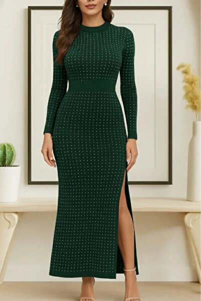 Generic Brand Women's Long Sleeve Crew Neck Rhinestone Midi Velvet Dress